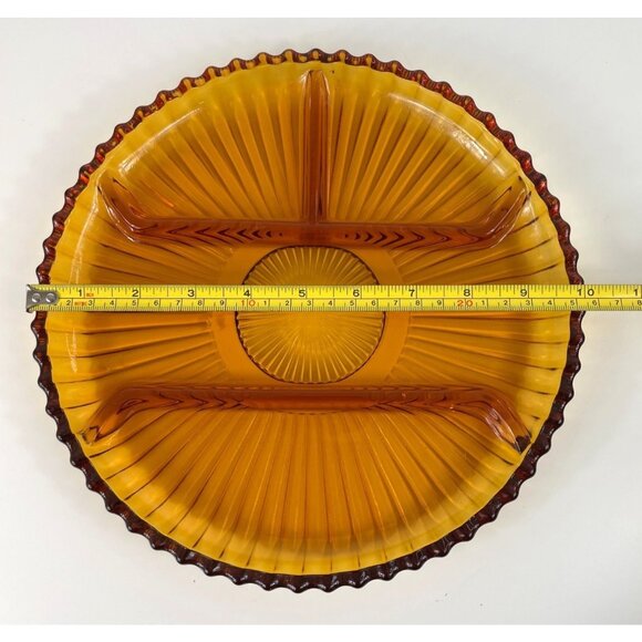 Indiana Glass Amber Ribbed 4 Part Divided Relish Dish Serving Tray Lazy Susan - Picture 9 of 10